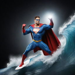 A superhero surfing on a wave, holding a brightly shining diamond in their outstretched hand against a dark background.