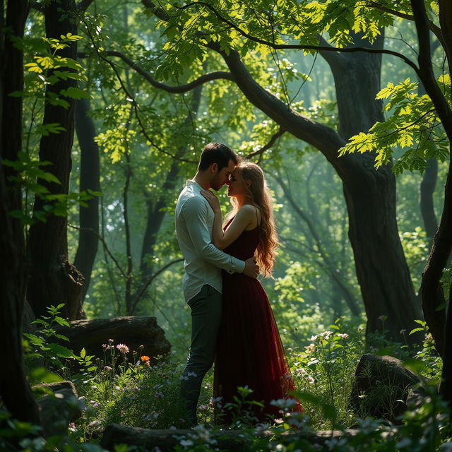 A passionate and intimate scene in a lush, enchanting forest