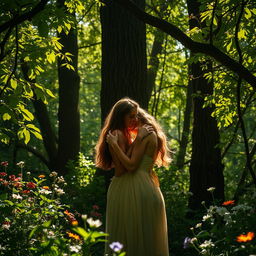 A passionate and intimate scene in a lush, enchanting forest