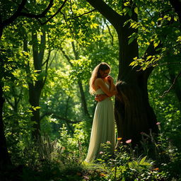 A passionate and intimate scene in a lush, enchanting forest