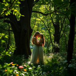 A passionate and intimate scene in a lush, enchanting forest