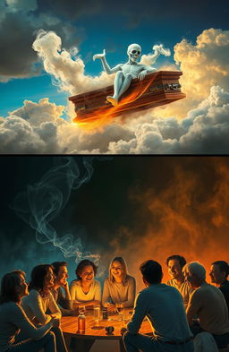 A contrasting scene depicting two worlds: In the first world, a vibrant group of friends are gathered around, sharing jokes and laughter with smoke swirling around them, suggesting a lively and fun atmosphere