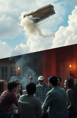 A contrasting scene depicting two worlds: In the first world, a vibrant group of friends are gathered around, sharing jokes and laughter with smoke swirling around them, suggesting a lively and fun atmosphere