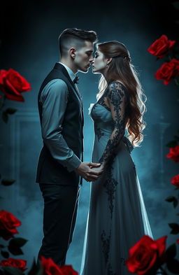 A beautiful and enchanting vampire couple standing in a dimly lit gothic setting