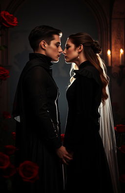 A beautiful and enchanting vampire couple standing in a dimly lit gothic setting