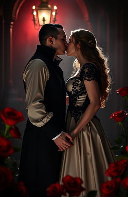 A beautiful and enchanting vampire couple standing in a dimly lit gothic setting