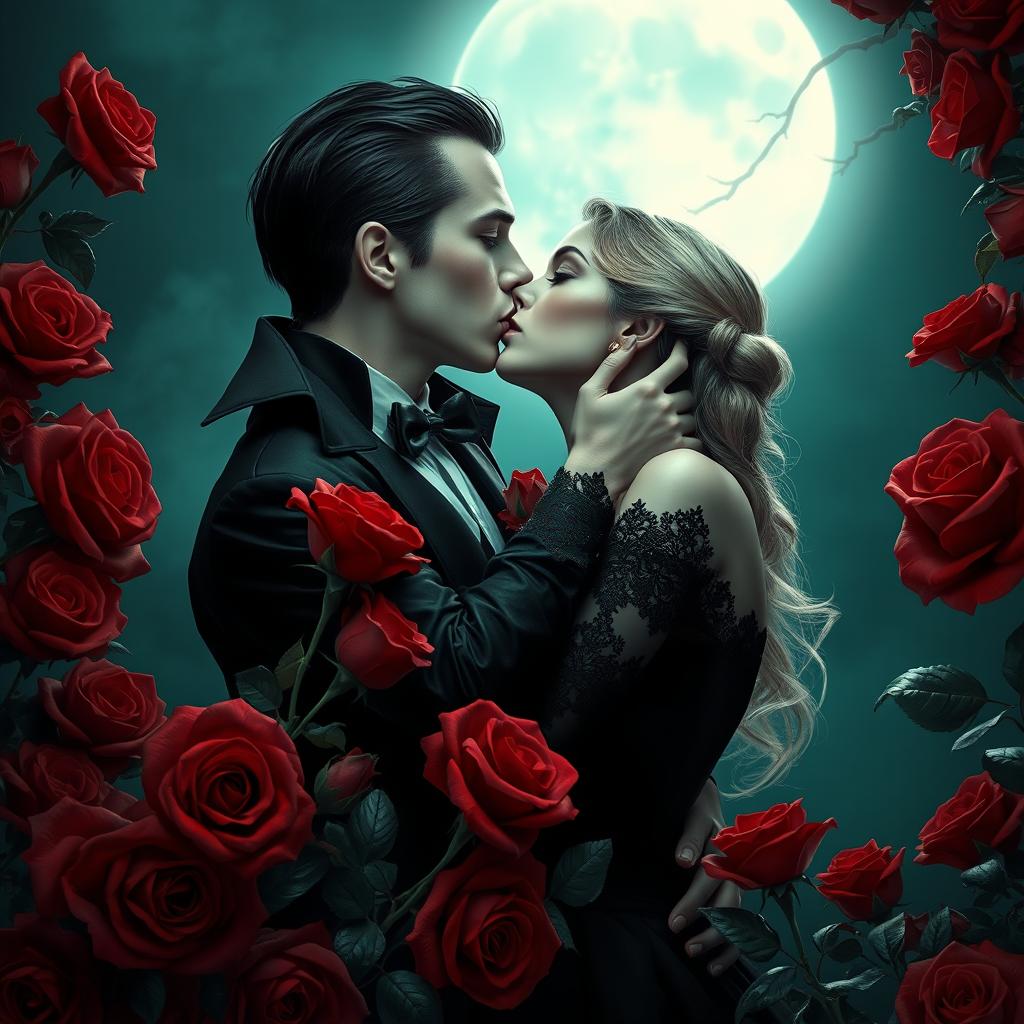 A mesmerizing vampire couple in a romantic embrace, surrounded by lush red roses