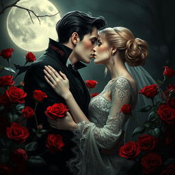 A mesmerizing vampire couple in a romantic embrace, surrounded by lush red roses