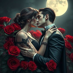 A mesmerizing vampire couple in a romantic embrace, surrounded by lush red roses