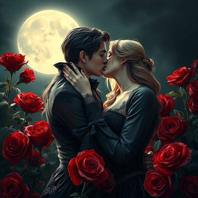 A mesmerizing vampire couple in a romantic embrace, surrounded by lush red roses