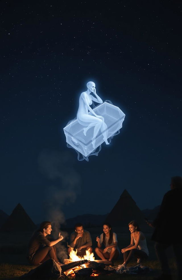 A dual scene capturing two worlds: In the first world, a group of friends are gathered around a campfire, smoke rising in the air, as they share jokes and laugh together under a starry night sky