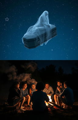 A dual scene capturing two worlds: In the first world, a group of friends are gathered around a campfire, smoke rising in the air, as they share jokes and laugh together under a starry night sky