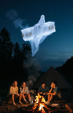 A dual scene capturing two worlds: In the first world, a group of friends are gathered around a campfire, smoke rising in the air, as they share jokes and laugh together under a starry night sky