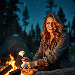 A mature woman with a flirtatious and confident demeanor is enjoying a camping trip in a scenic forest setting