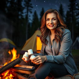 A mature woman with a flirtatious and confident demeanor is enjoying a camping trip in a scenic forest setting