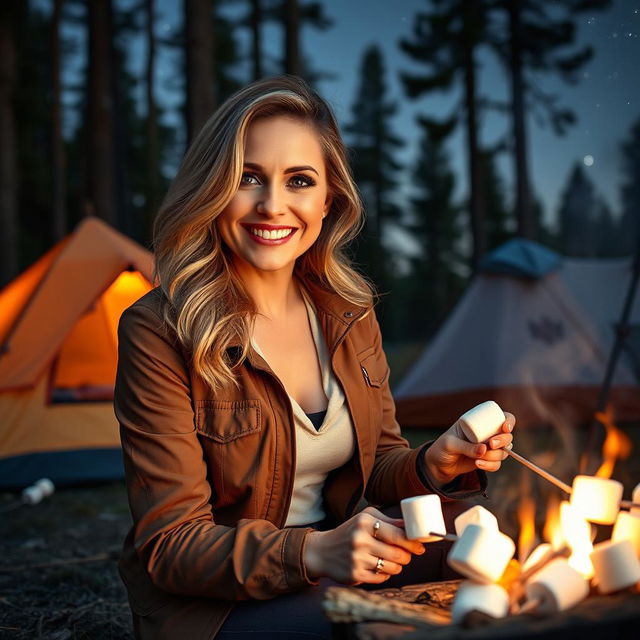 A mature woman with a flirtatious and confident demeanor is enjoying a camping trip in a scenic forest setting