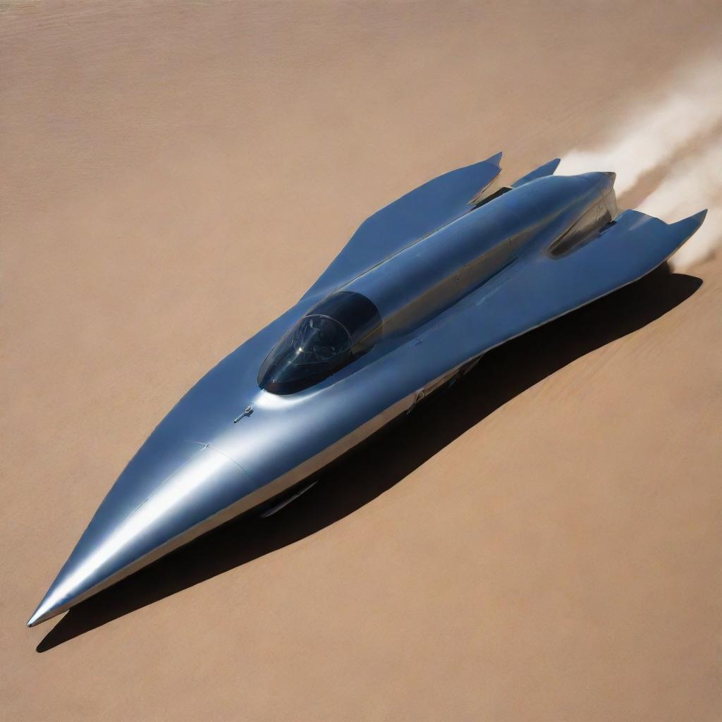 Generate a dynamic, high-resolution image of the Thrust SSC, the world's fastest land vehicle.