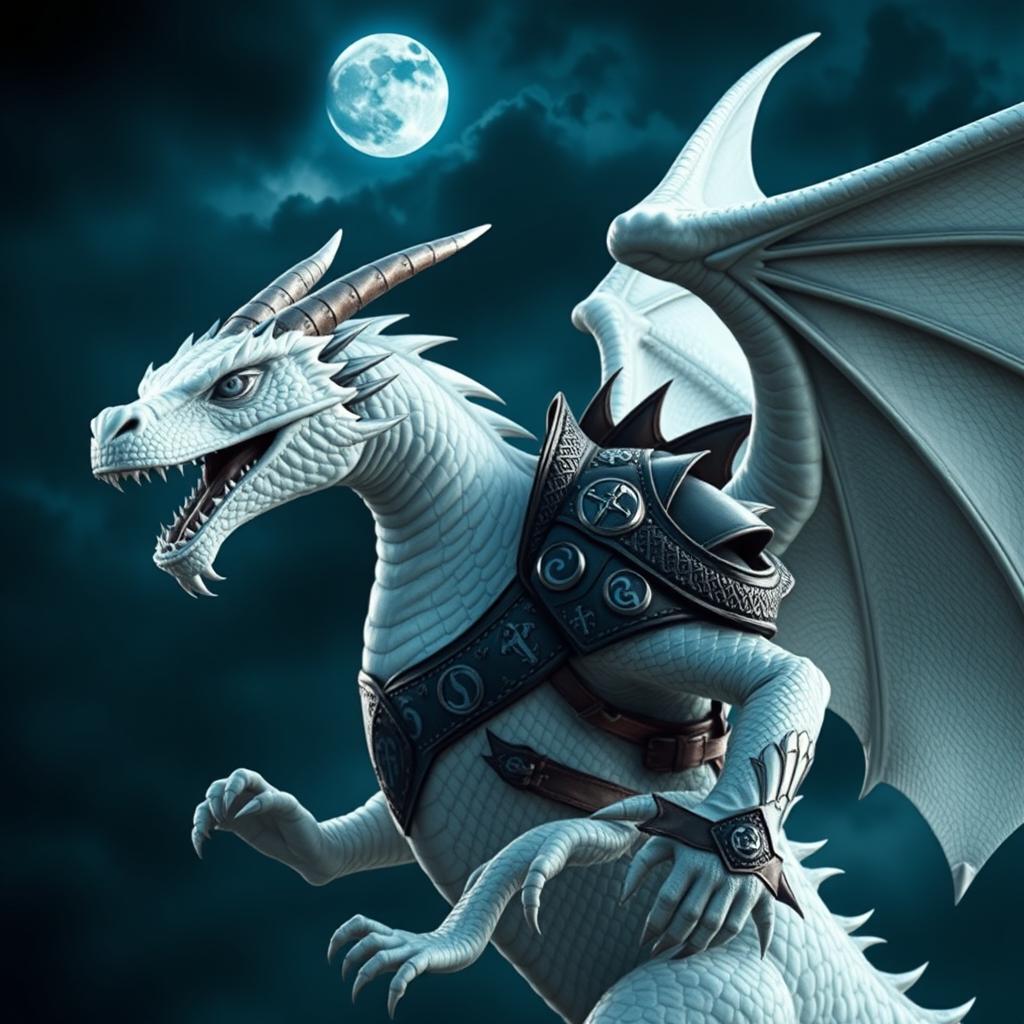 Young adult white dragon wearing intricately designed leather armor, set against a dark and stormy sky