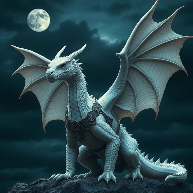 Young adult white dragon wearing intricately designed leather armor, set against a dark and stormy sky