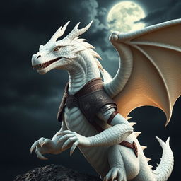 Young adult white dragon wearing intricately designed leather armor, set against a dark and stormy sky