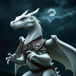 Young adult white dragon wearing intricately designed leather armor, set against a dark and stormy sky