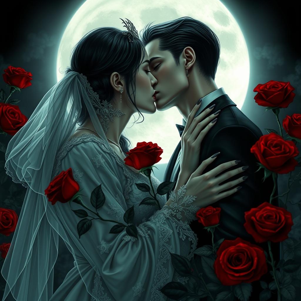 An enchanting vampire couple locked in a passionate kiss, enveloped by the beauty of red roses