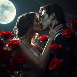 An enchanting vampire couple locked in a passionate kiss, enveloped by the beauty of red roses