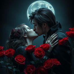 An enchanting vampire couple locked in a passionate kiss, enveloped by the beauty of red roses