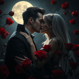 An enchanting vampire couple locked in a passionate kiss, enveloped by the beauty of red roses