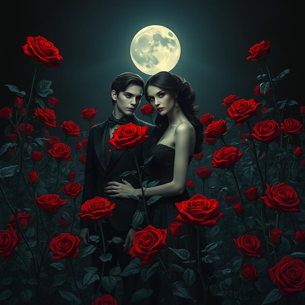 An elegant vampire couple standing amidst a field of vibrant red roses