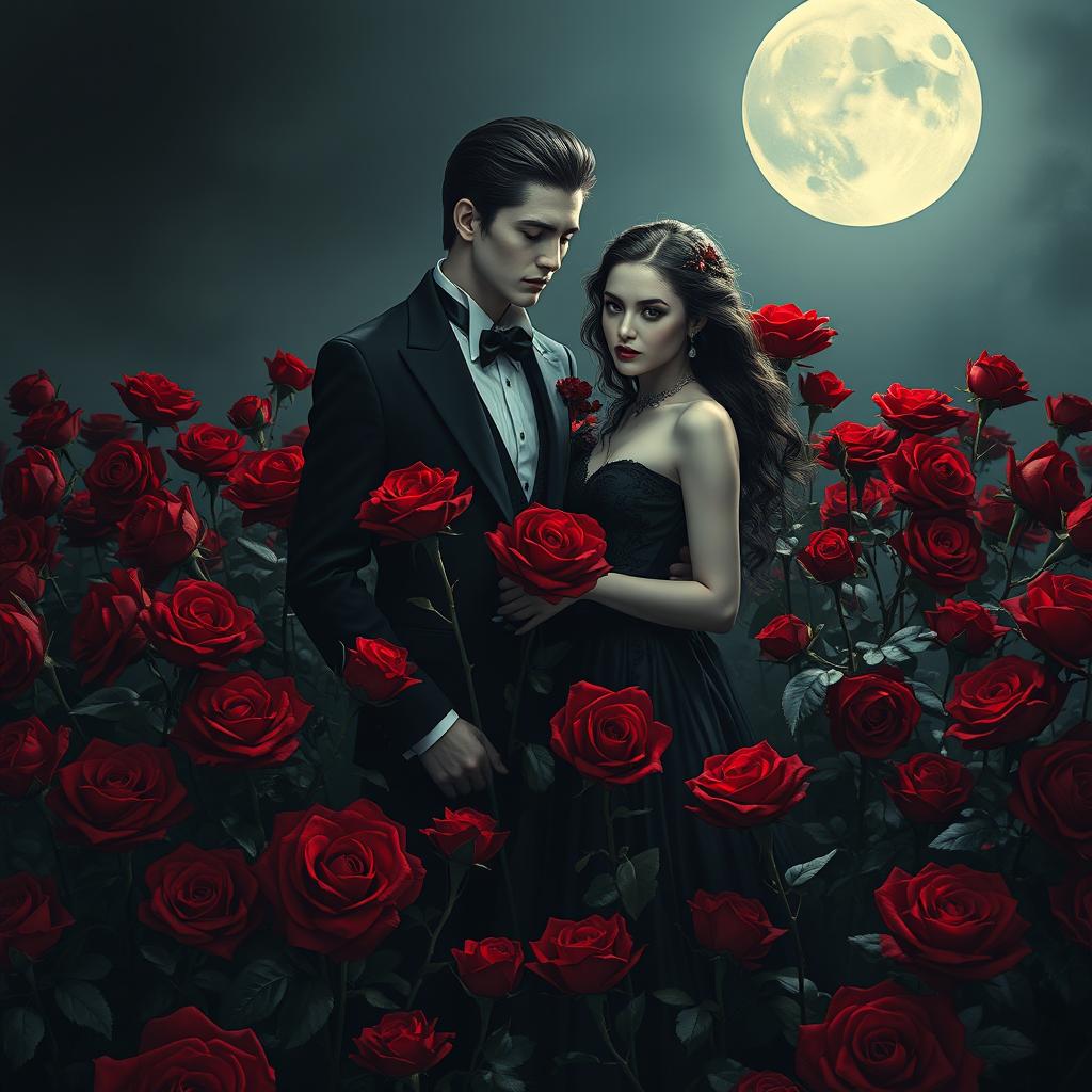 An elegant vampire couple standing amidst a field of vibrant red roses