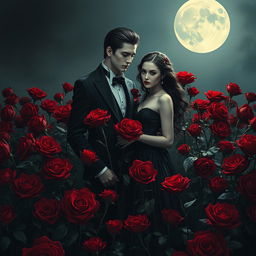 An elegant vampire couple standing amidst a field of vibrant red roses