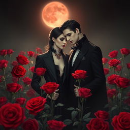 An elegant vampire couple standing amidst a field of vibrant red roses