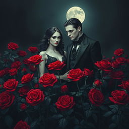 An elegant vampire couple standing amidst a field of vibrant red roses