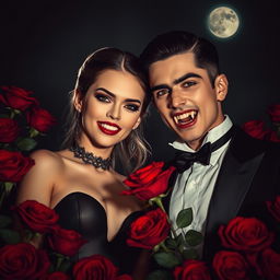 A striking vampire couple standing amidst a bed of rich, crimson roses, baring their gleaming fangs