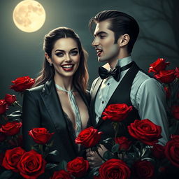 A striking vampire couple standing amidst a bed of rich, crimson roses, baring their gleaming fangs