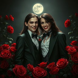 A striking vampire couple standing amidst a bed of rich, crimson roses, baring their gleaming fangs