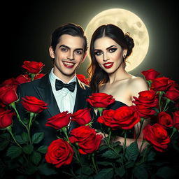 A striking vampire couple standing amidst a bed of rich, crimson roses, baring their gleaming fangs