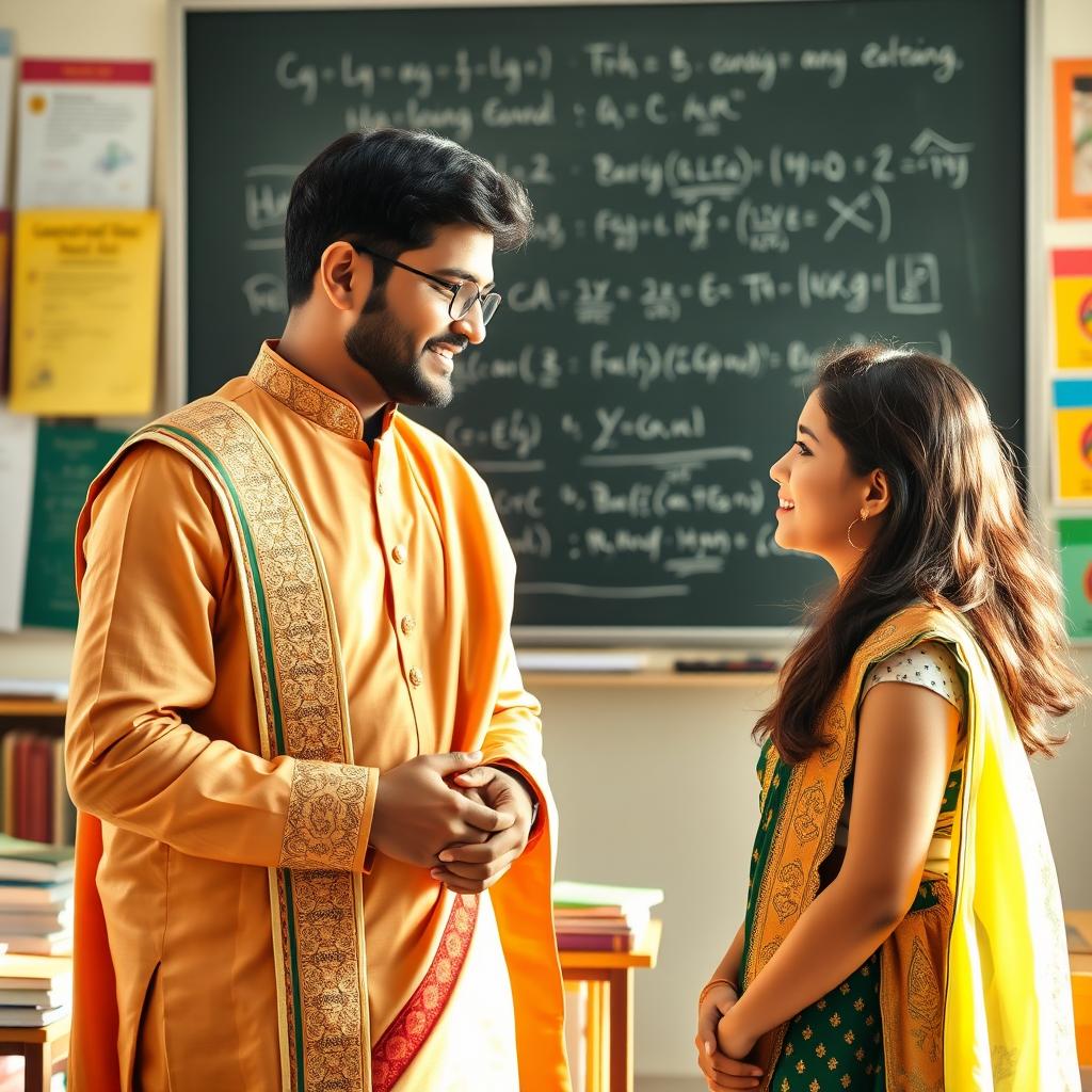 A beautiful Indian teacher, dressed in elegant traditional attire, stands in a sunlit classroom filled with books and learning materials