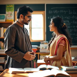 A beautiful Indian teacher, dressed in elegant traditional attire, stands in a sunlit classroom filled with books and learning materials