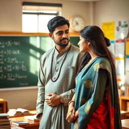 A beautiful Indian teacher, dressed in elegant traditional attire, stands in a sunlit classroom filled with books and learning materials