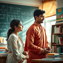 A beautiful Indian teacher, dressed in elegant traditional attire, stands in a sunlit classroom filled with books and learning materials