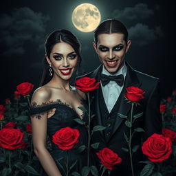 A mysterious vampire couple standing amidst a lush field of red roses, showcasing their gleaming fangs