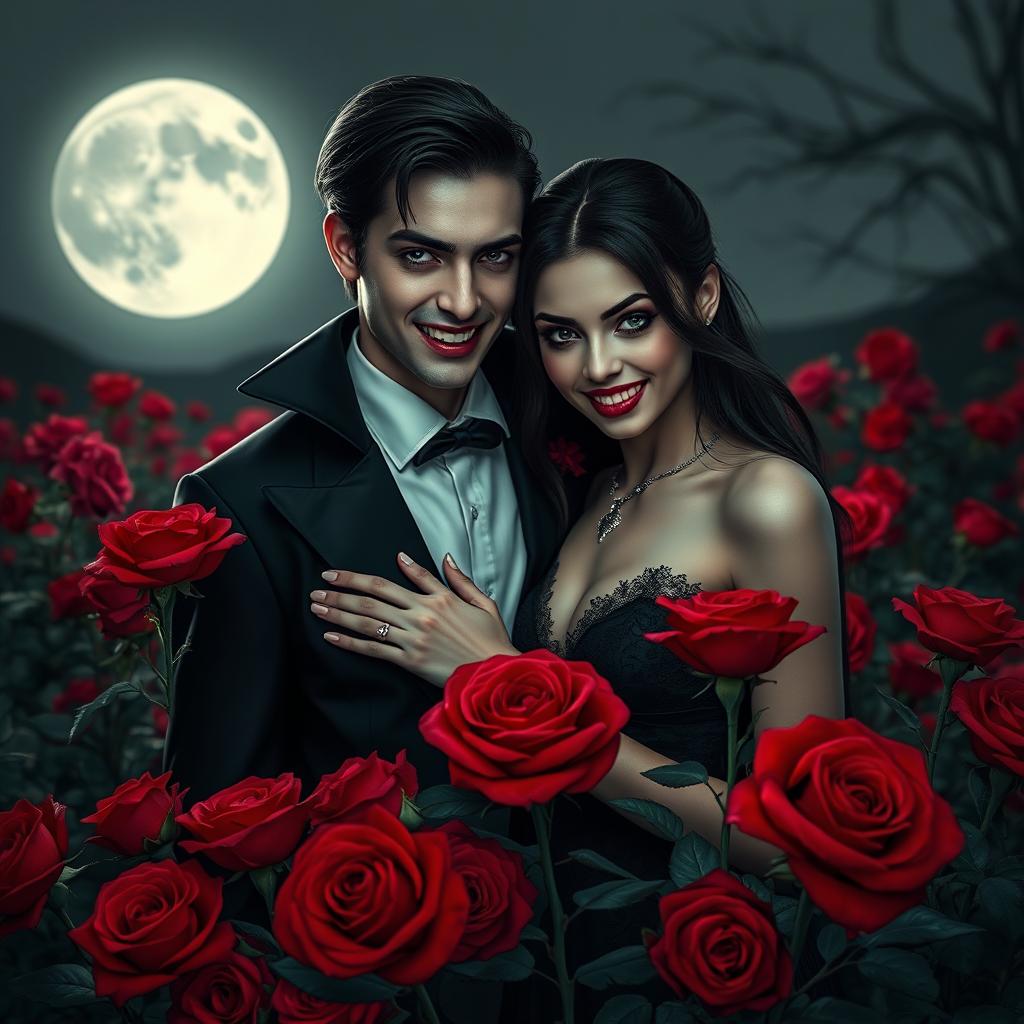 A mysterious vampire couple standing amidst a lush field of red roses, showcasing their gleaming fangs