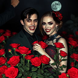 A mysterious vampire couple standing amidst a lush field of red roses, showcasing their gleaming fangs