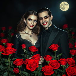 A mysterious vampire couple standing amidst a lush field of red roses, showcasing their gleaming fangs