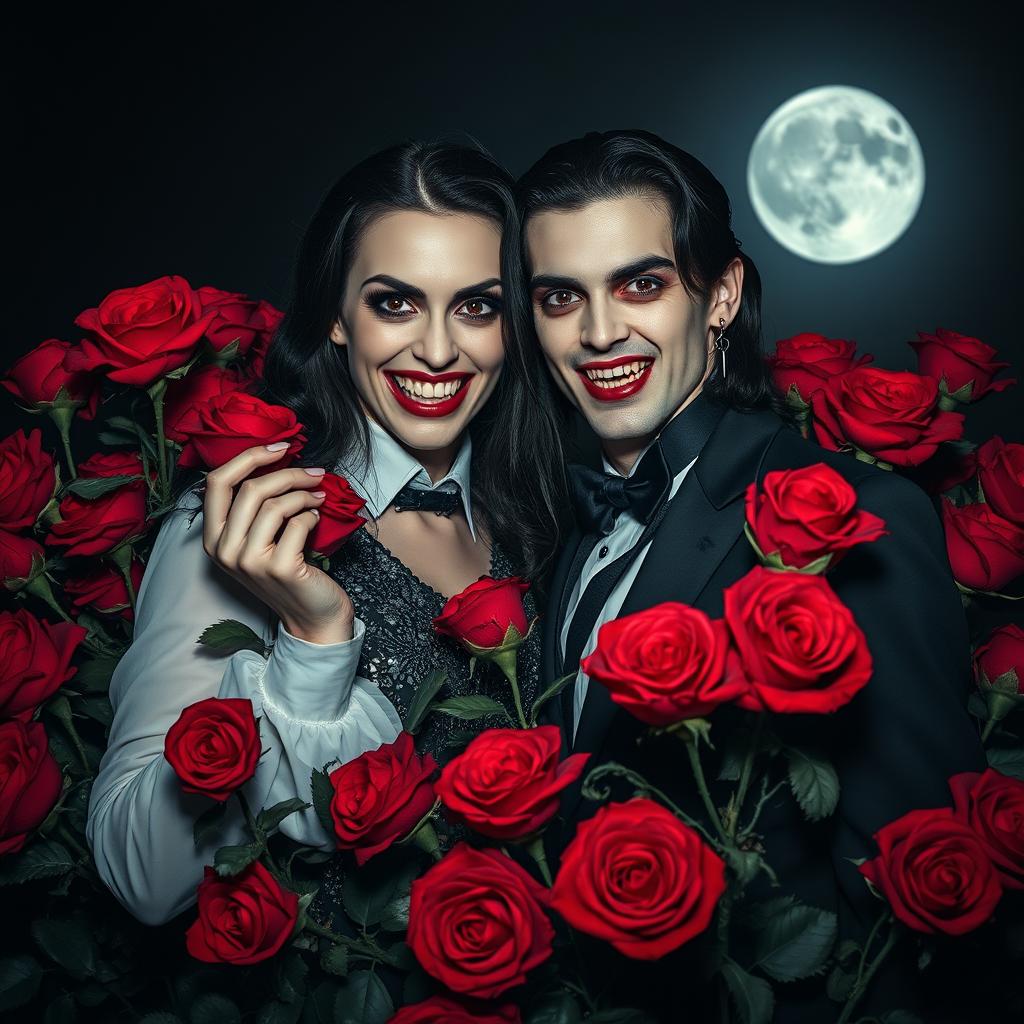 An enigmatic vampire couple stands amidst a bed of vivid red roses, proudly showing off their sharp fangs