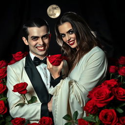 An enigmatic vampire couple stands amidst a bed of vivid red roses, proudly showing off their sharp fangs