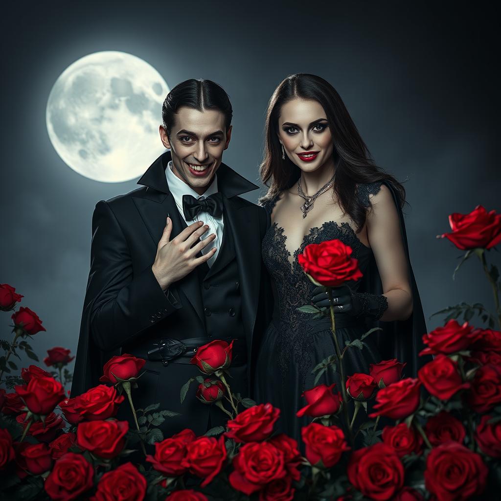 An enigmatic vampire couple stands amidst a bed of vivid red roses, proudly showing off their sharp fangs