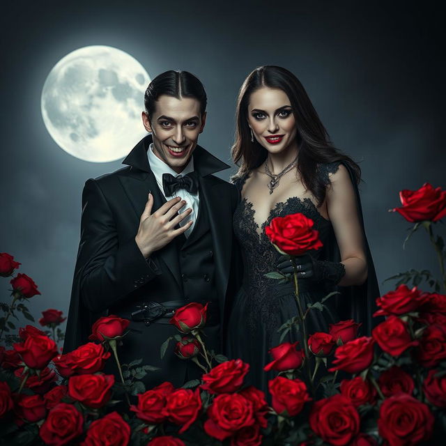 An enigmatic vampire couple stands amidst a bed of vivid red roses, proudly showing off their sharp fangs